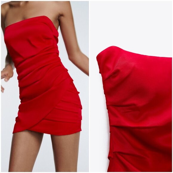 NWT - Zara Red Ruched Strapless Bodycon Mini Dress - Small - Picture 1 of 8